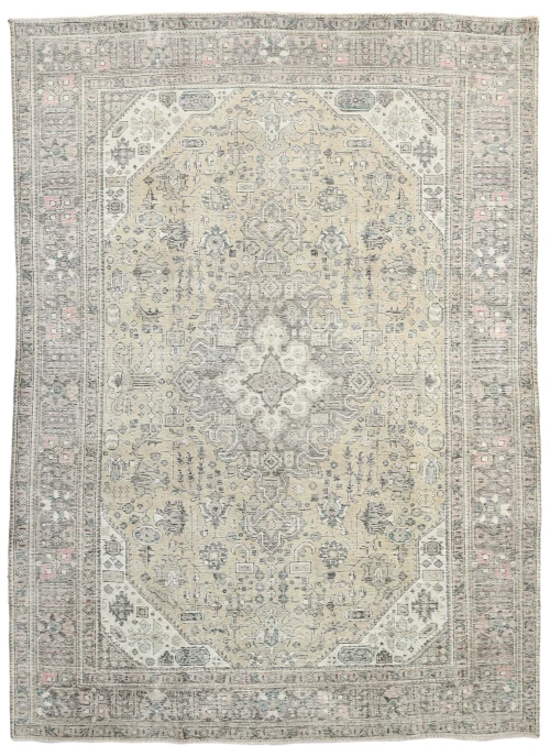 Antique Muted Beige Floral 8X11 Distressed Vintage Oriental Rug