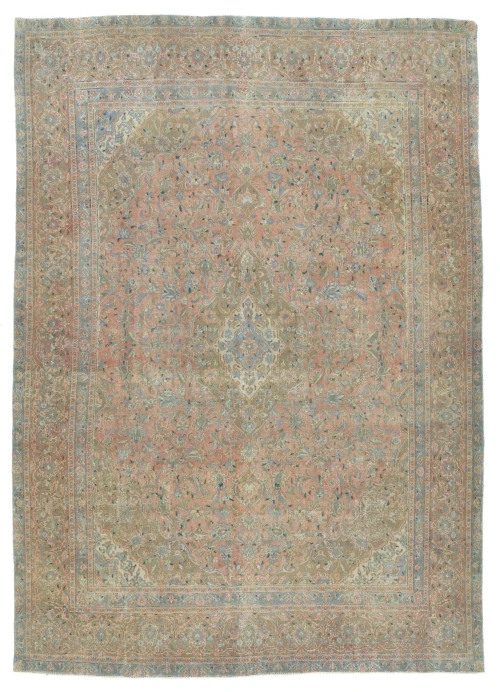 Semi Antique Muted Red Floral 9X12 Distressed Vintage Oriental Rug