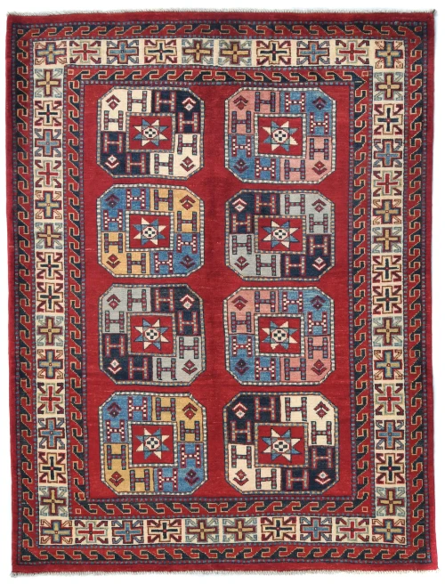 Red Geometric Modern 4X5 Kazak Oushak Pakistan Rug