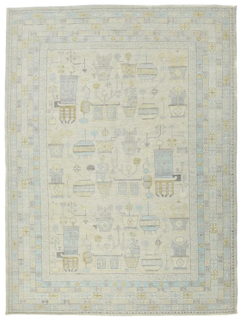 Muted Beige Floral Transitional 9X12 Oushak Oriental Rug