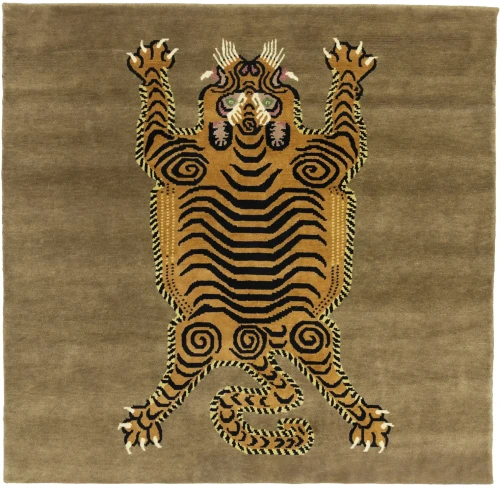 Tiger Khaki Tribal Pictorial 6X6 Fine Nepali Oriental Square Rug