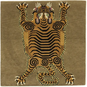 Tiger Khaki Tribal Pictorial 4X4 Fine Nepali Oriental Square Rug