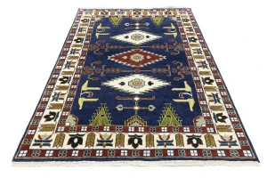 Dark Blue Geometric 6X9 Kazak Oriental Rug