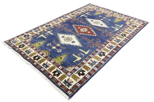 Dark Blue Geometric 6X9 Kazak Oriental Rug