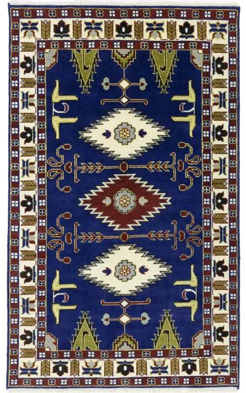 Navy Blue Geometric 5X8 Kazak Oriental Rug