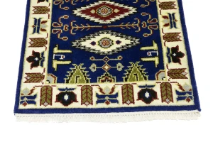 Navy Blue Geometric 3X8 Kazak Oriental Runner Rug