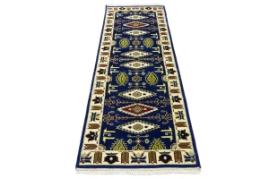 Navy Blue Geometric 3X8 Kazak Oriental Runner Rug