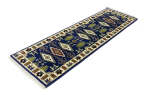 Navy Blue Geometric 3X8 Kazak Oriental Runner Rug
