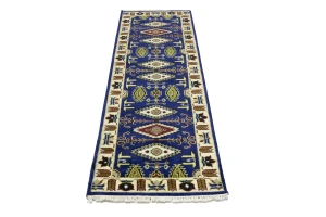 Navy Blue Geometric 3X8 Kazak Oriental Runner Rug
