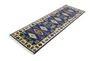 Navy Blue Geometric 3X8 Kazak Oriental Runner Rug