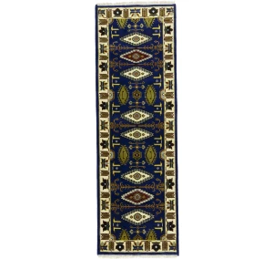 Navy Blue Geometric 3X8 Kazak Oriental Runner Rug