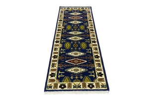 Navy Blue Geometric 3X8 Kazak Oriental Runner Rug