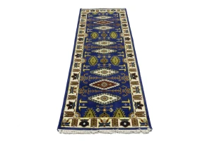 Navy Blue Geometric 3X8 Kazak Oriental Runner Rug