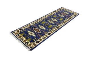 Navy Blue Geometric 3X8 Kazak Oriental Runner Rug