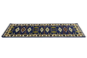 Navy Blue Geometric 3X8 Kazak Oriental Runner Rug