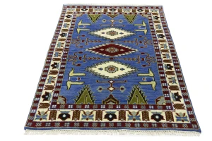Blue Geometric 4X6 Kazak Oriental Rug