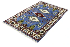 Blue Geometric 4X6 Kazak Oriental Rug