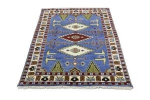 Blue Geometric 4X6 Kazak Oriental Rug