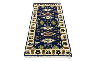 Dark Blue Geometric 3X6 Kazak Oriental Rug