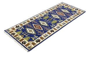 Dark Blue Geometric 3X6 Kazak Oriental Rug