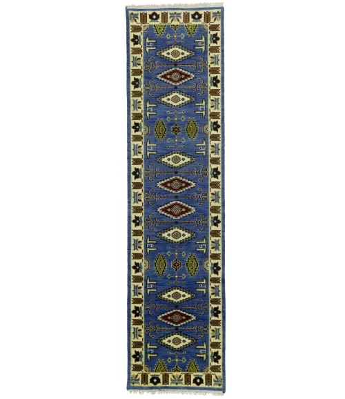 Blue Geometric 3X10 Kazak Oriental Runner Rug