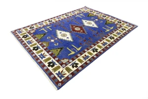 Blue Geometric 9X12 Kazak Oriental Rug
