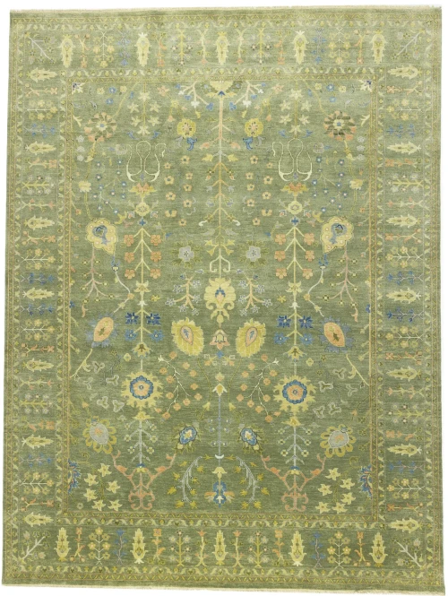 Olive Green Floral Traditional 9X12 Oushak Chobi Oriental Rug