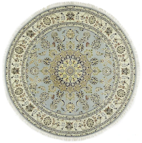 Light Blue-gray Floral 6X6 Indo-Nain Oriental Round Rug