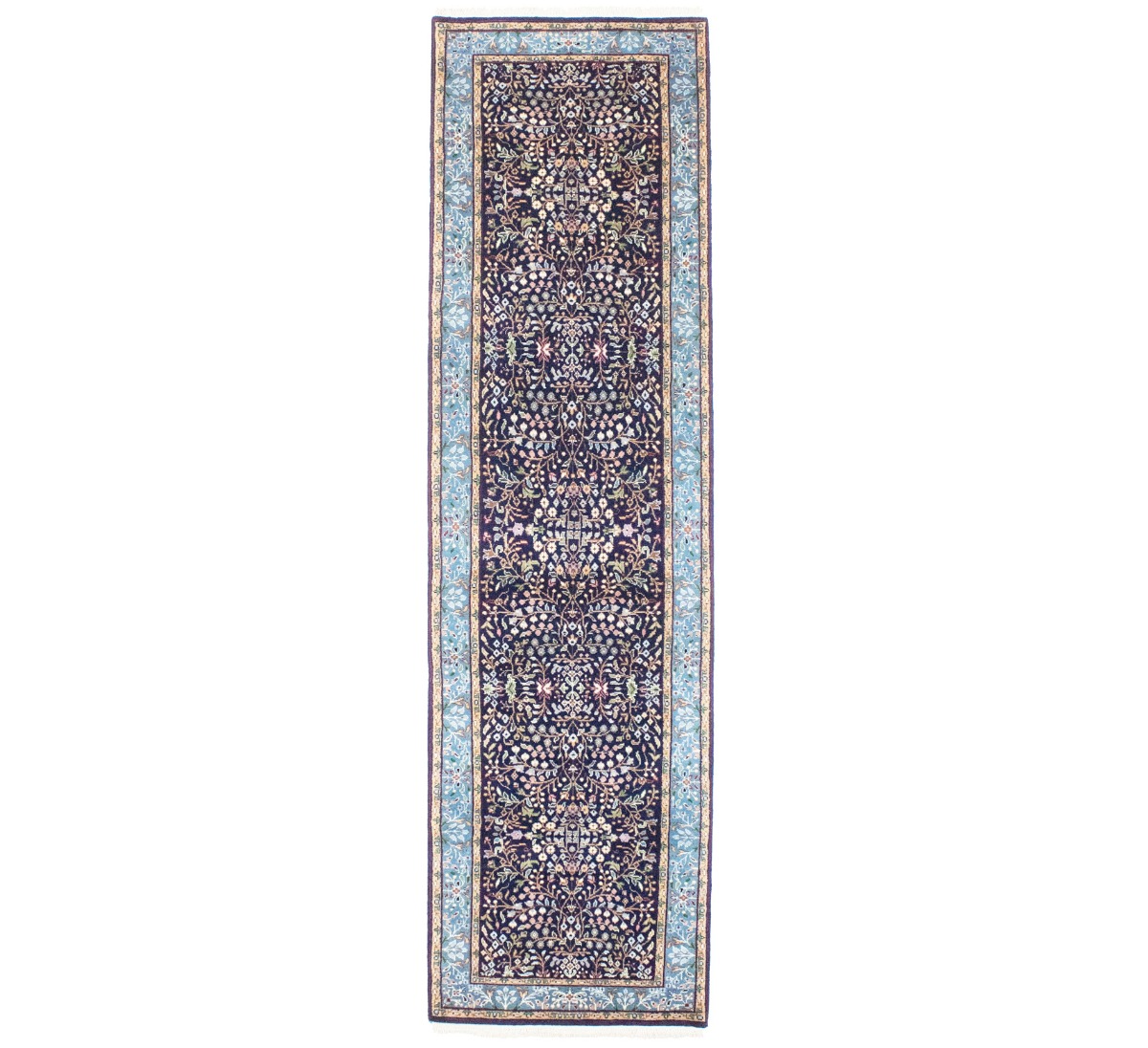 Navy Blue Floral Kirman 3X10 Oriental Rug