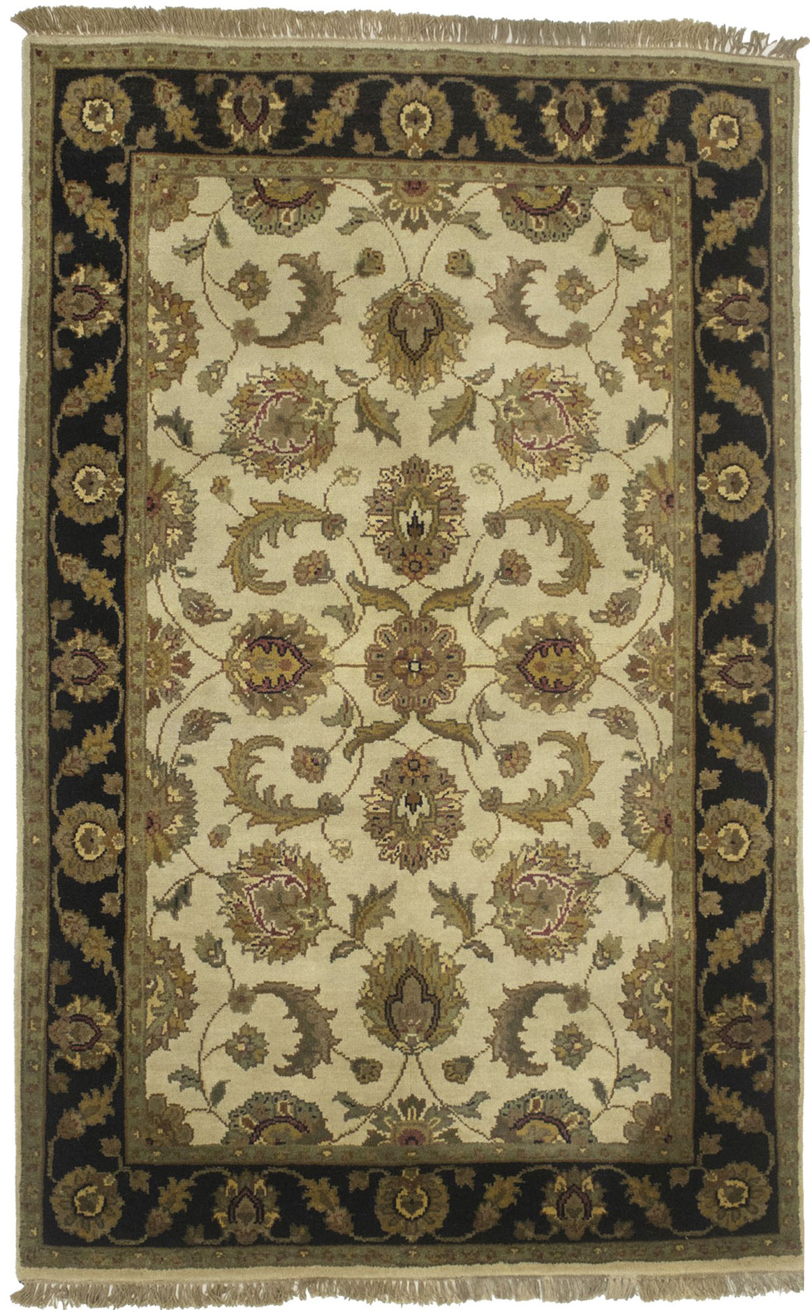 Cream & Black Floral 4X6 Indo-Kashan Oriental Rug