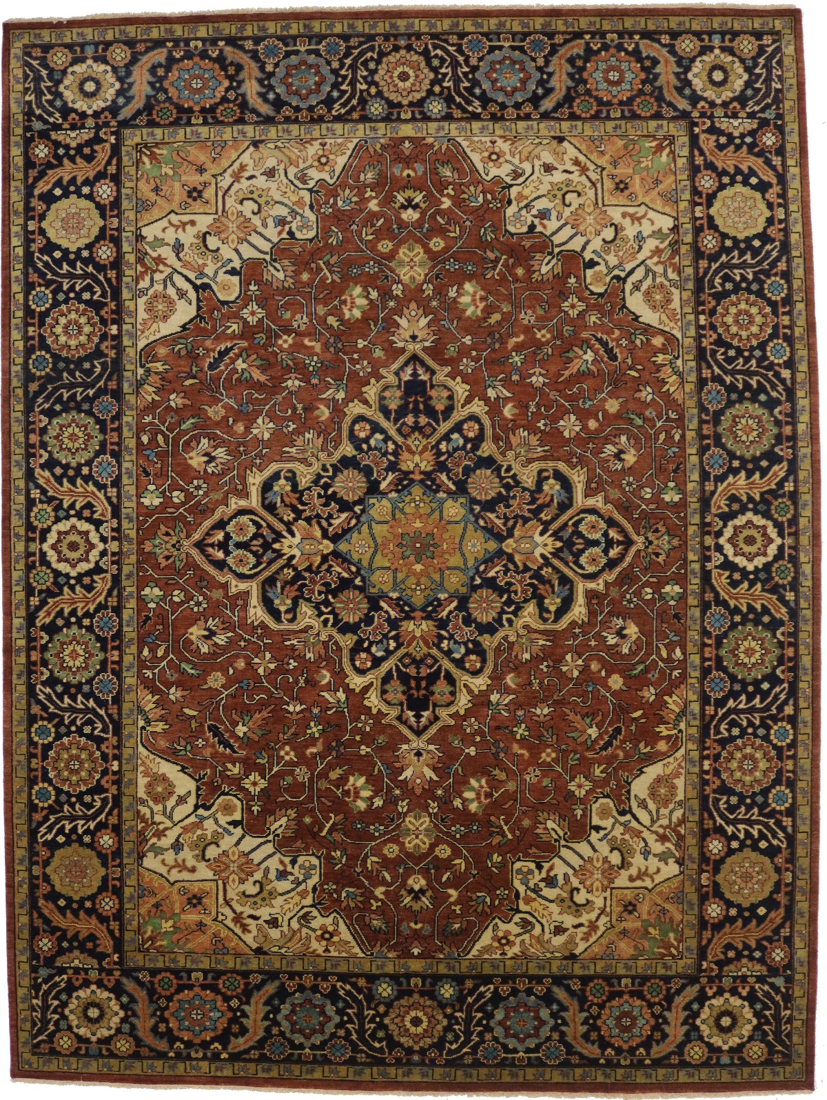 Rust & Navy Floral Traditional 9X12 Heriz Serapi Oriental Rug