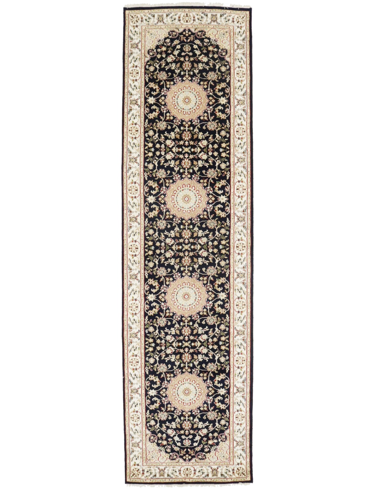 Dark Navy Floral 3X10 Indo-Nain Oriental Runner Rug