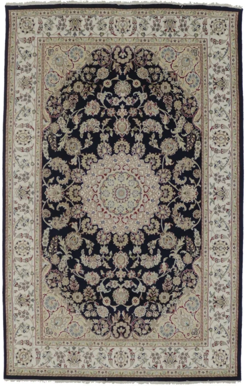 Dark Navy Floral 6X9 Indo-Nain Oriental Rug