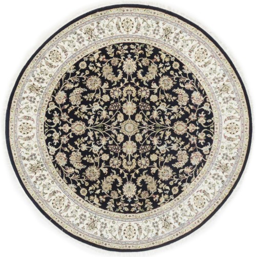 Dark Navy Floral 7X7 Indo-Nain Oriental Round Rug