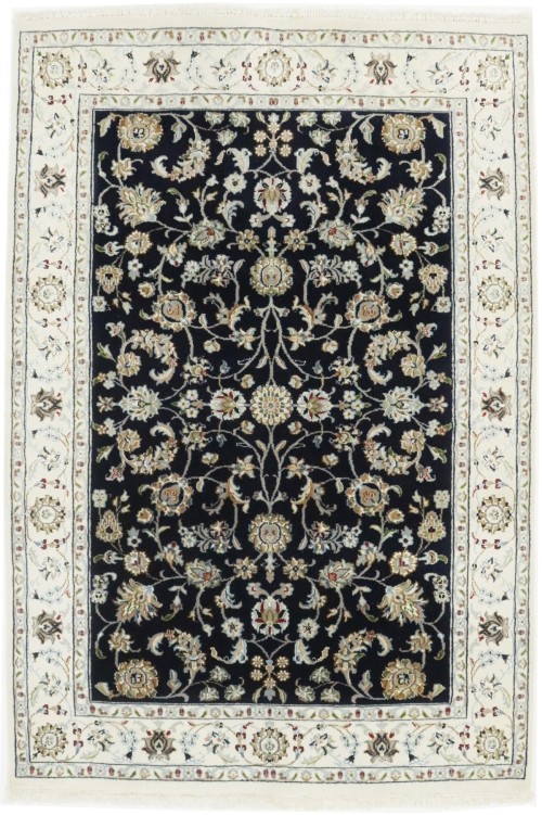 Dark Navy Floral 4X6 Indo-Nain Oriental Rug