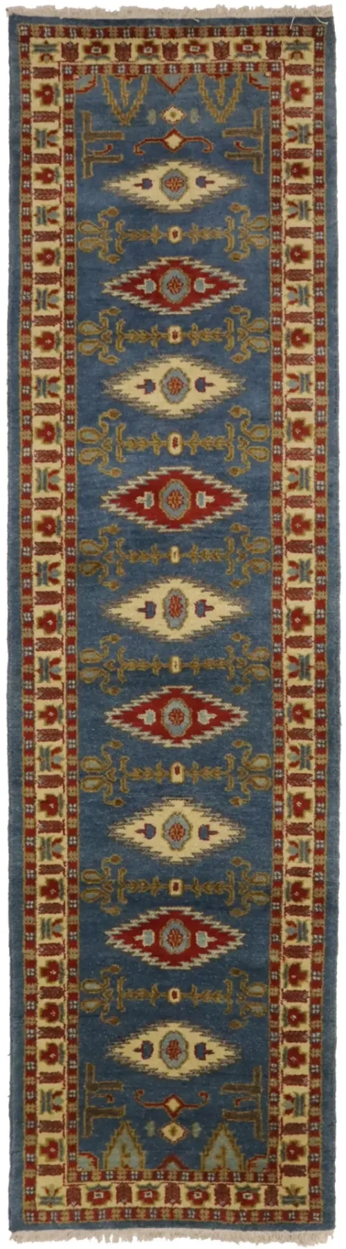 Blue Geometric 3X10 Kazak Oriental Runner Rug