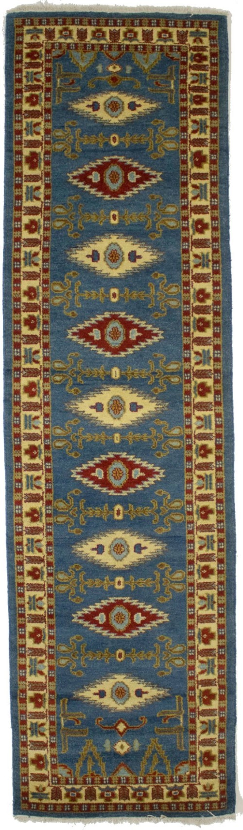 Blue Geometric 3X10 Kazak Oriental Runner Rug