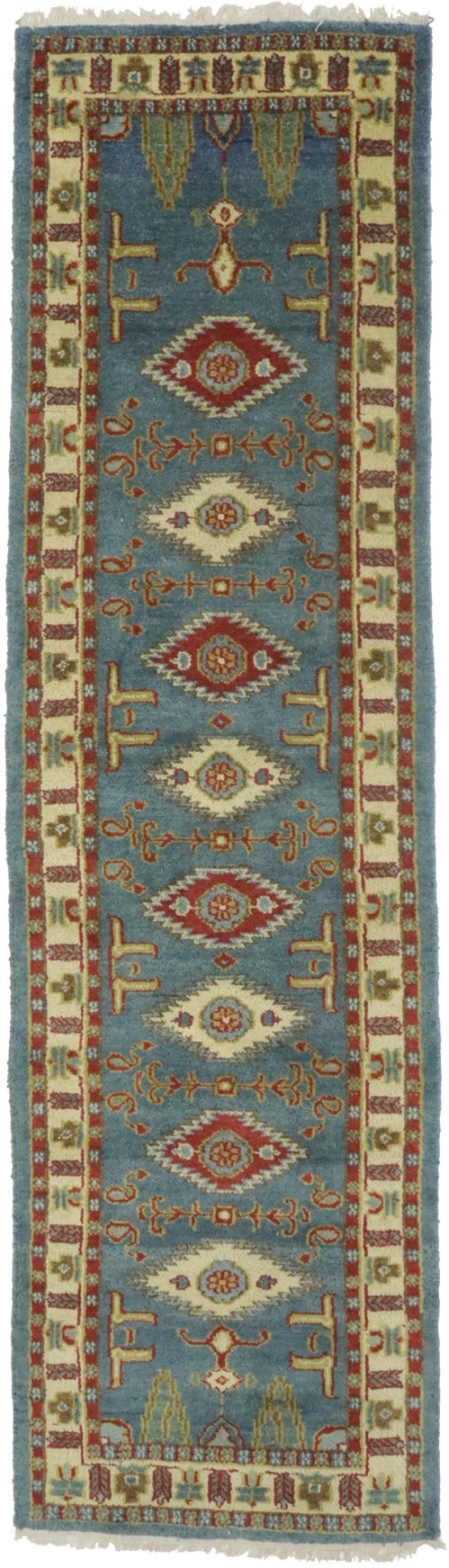 Blue Geometric 2'8X9'5 Kazak Oriental Runner Rug