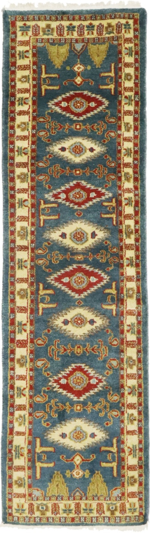 Blue Geometric 2'8X9'4 Kazak Oriental Runner Rug