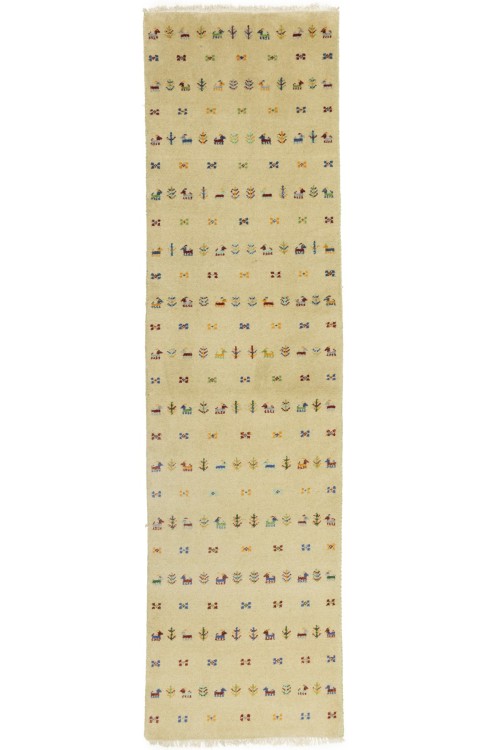 Cream/Beige Pictorial Tribal 2'7X9'5 Indo-Gabbeh Oriental Runner Rug