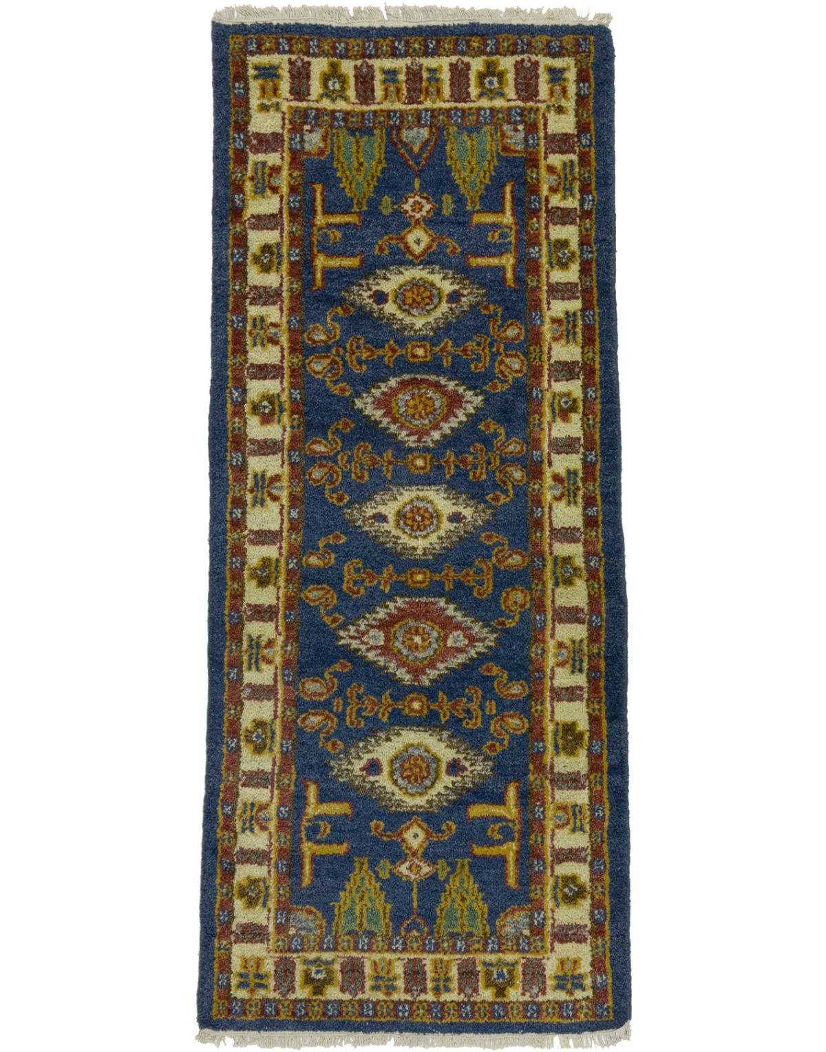 Blue Geometric 2'7X6'4 Kazak Oriental Runner Rug