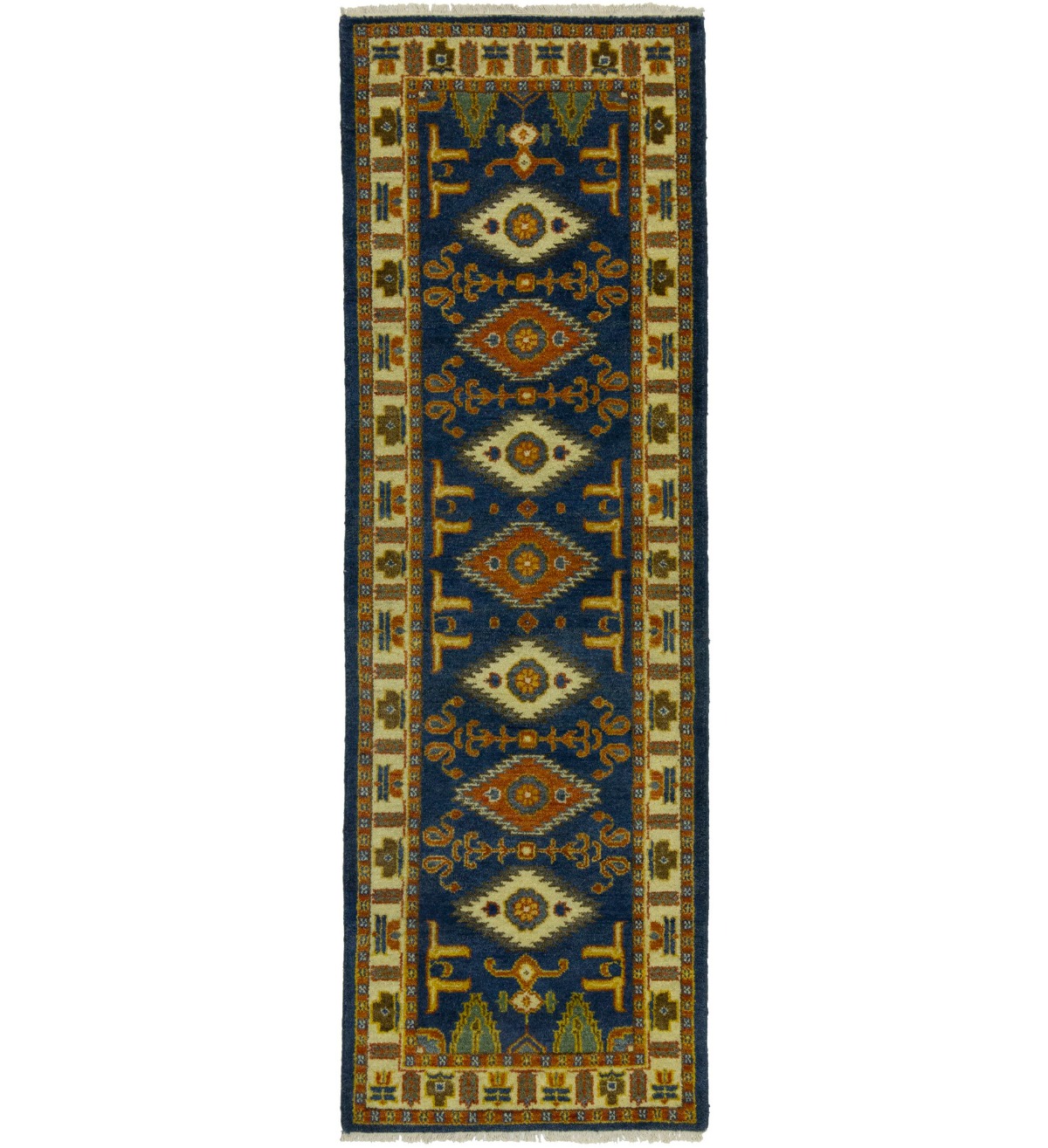 Blue Geometric 3X8 Kazak Oriental Runner Rug