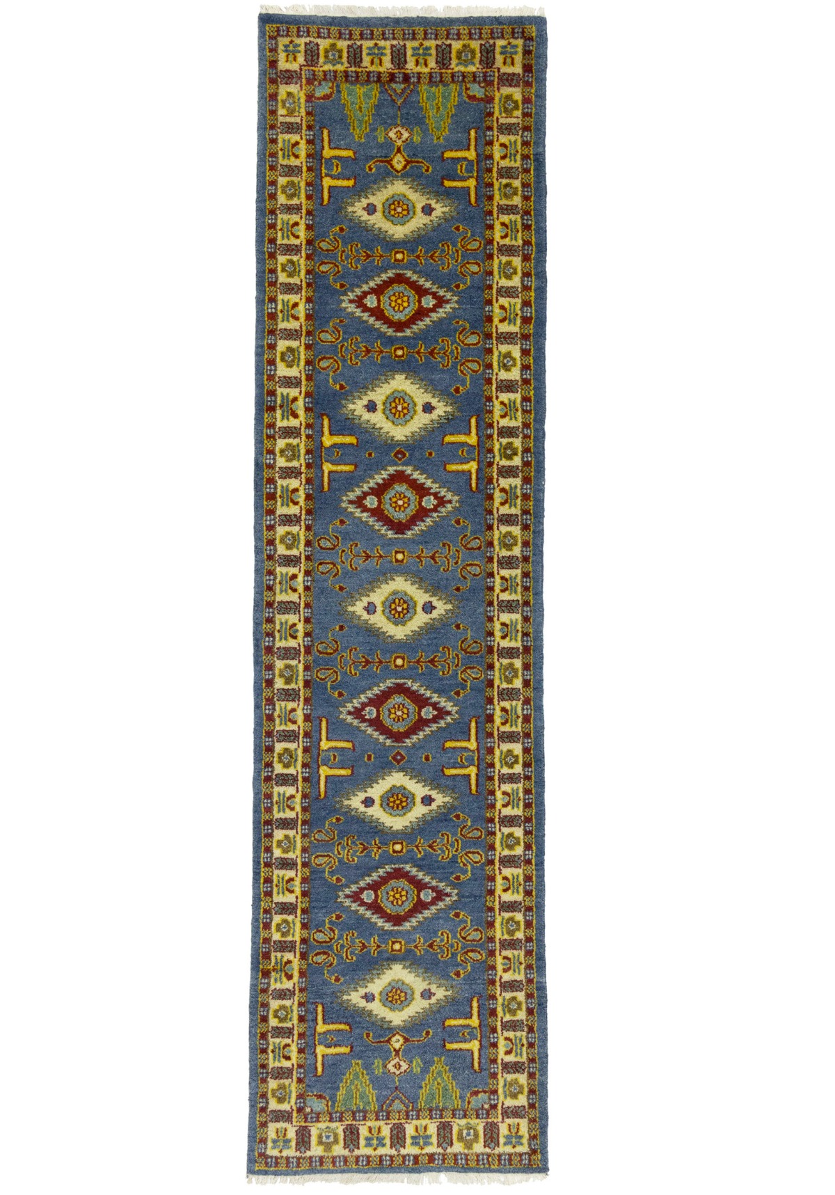 Blue Geometric 2'5X9'7 Kazak Oriental Runner Rug