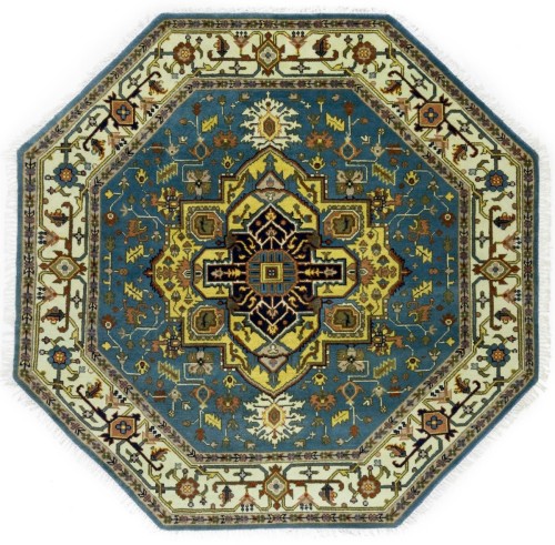 Blue-gray Floral 8X8 Heriz Serapi Oriental Octagon Rug