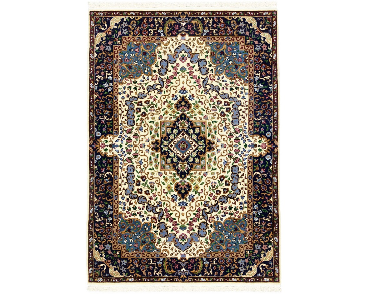 Cream & Navy Floral 4X6 Kirman Oriental Rug