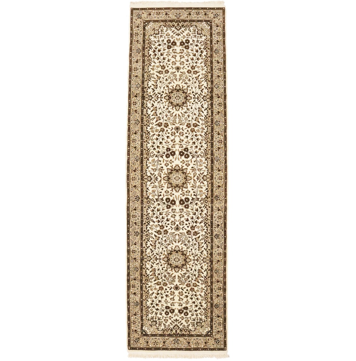 Cream Brown Floral 2'7X9'3 Kirman Oriental Runner Rug