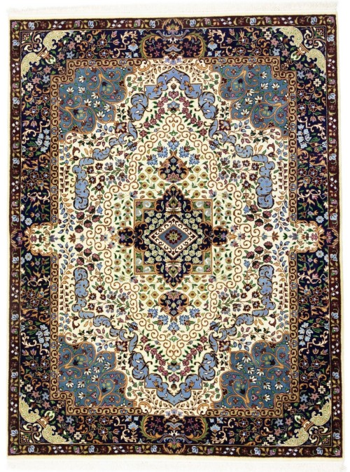 Cream & Navy Floral 5'9X7'8 Kirman Oriental Rug