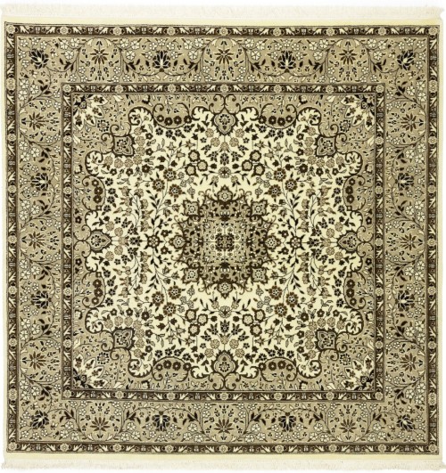 Cream Brown Floral 6X6 Kirman Oriental Square Rug