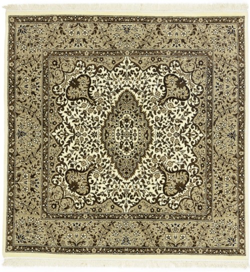 Cream Brown Floral 5X5 Kirman Oriental Square Rug