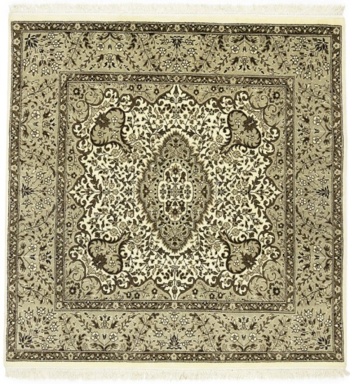 Cream Brown Floral 5X5 Kirman Oriental Square Rug